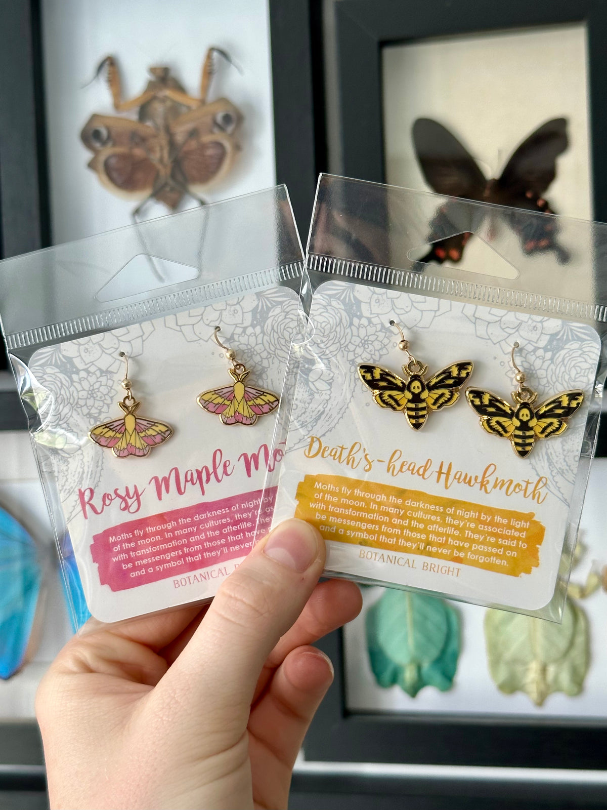 Moth Dangly Enamel Earrings | Gold
